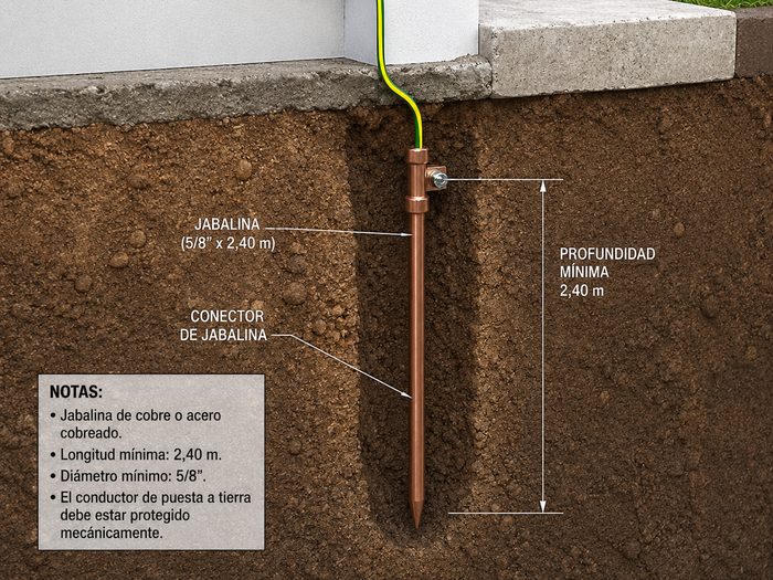 Esquema de puesta a tierra: jabalina de cobre de 5/8 de pulgada enterrada a 2,40 m de profundidad, unida a la instalación por el conductor de puesta a tierra.