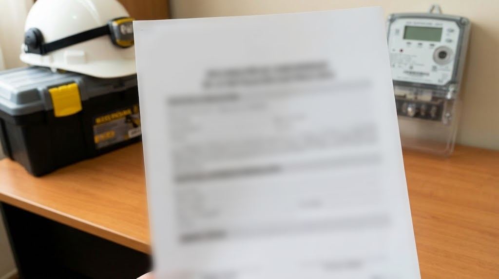 Formulario de certificación de la instalación sostenido en la mano, con un casco de seguridad, una caja de herramientas y un medidor eléctrico detrás.