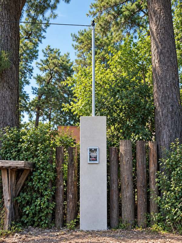 Pilar de luz terminado entre los árboles de un terreno, con el medidor montado en el gabinete y el caño de acometida arriba.